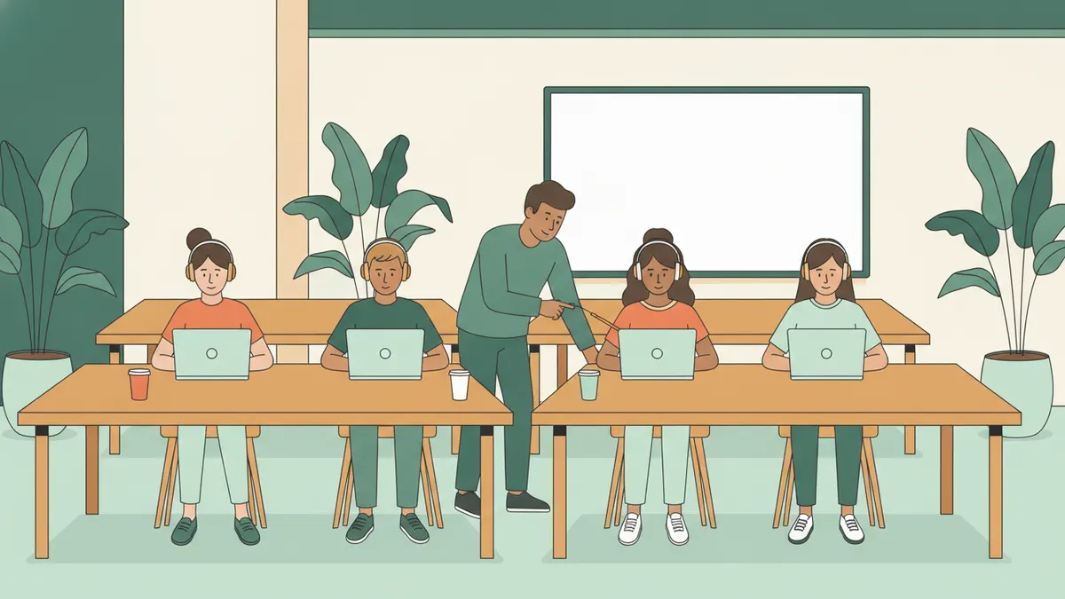 Illustration : dans une salle claire aux grandes tables, quatre étudiants avec un casque suivent un cours en ligne sur leur ordinateur ; un coach se penche vers l'un d'eux et montre quelque chose à l'écran.