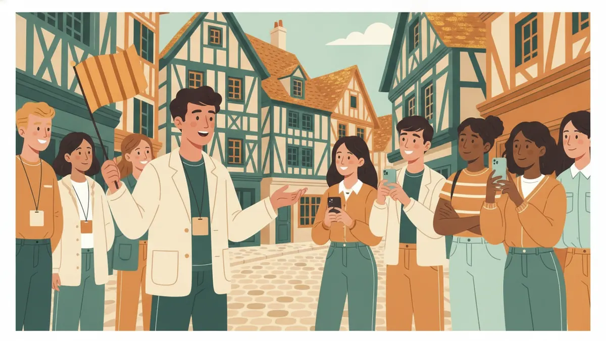 Illustration : dans une vieille ville aux maisons à colombages, un jeune guide tient un petit drapeau et parle à un groupe de touristes de tous âges, qui écoutent et prennent des photos.