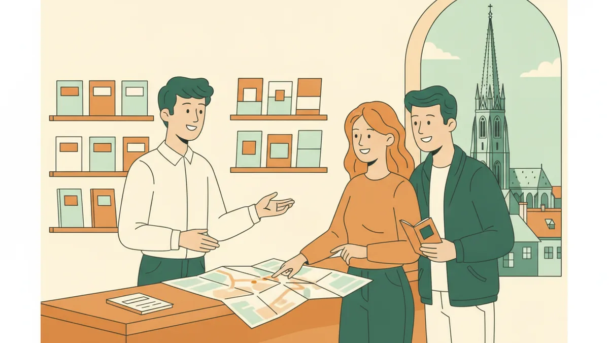 Illustration : derrière le comptoir d'un office de tourisme, un jeune apprenti conseille un couple de visiteurs penché sur une carte dépliée ; derrière eux, des présentoirs de brochures, et par la fenêtre la flèche d'une cathédrale gothique.