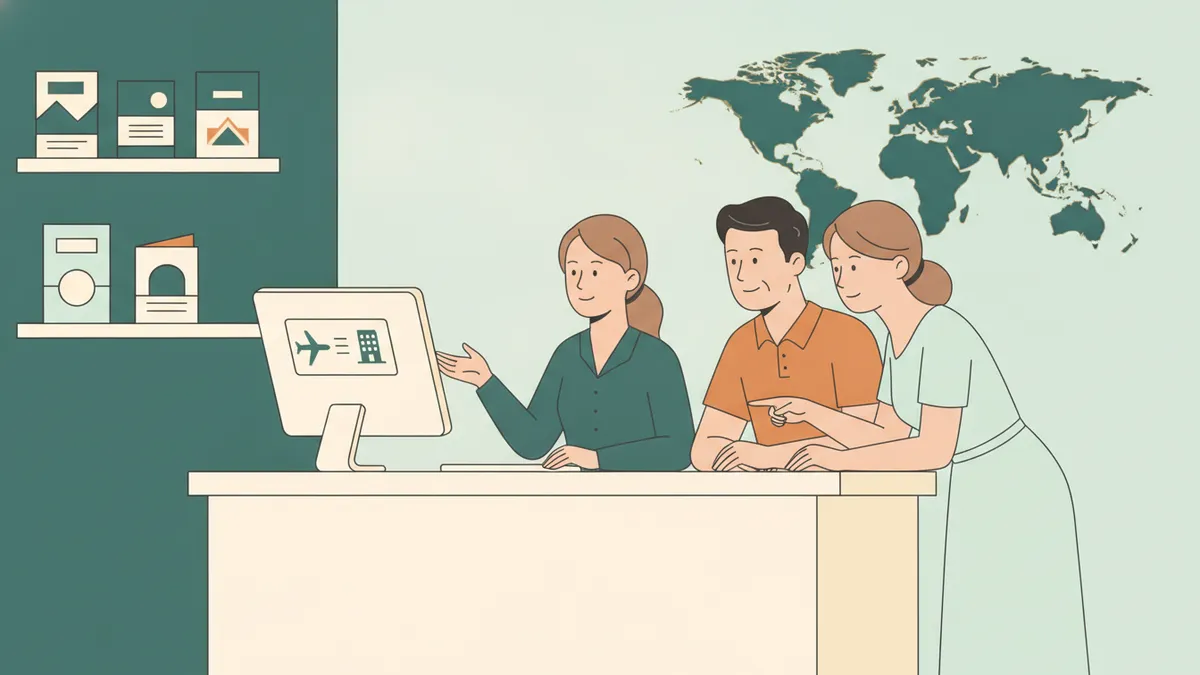 Illustration : dans une agence de voyages, une jeune apprentie conseillère assise à son bureau tourne son écran vers un couple pour lui montrer une réservation de vol et d'hôtel ; au mur, une carte du monde et des brochures.
