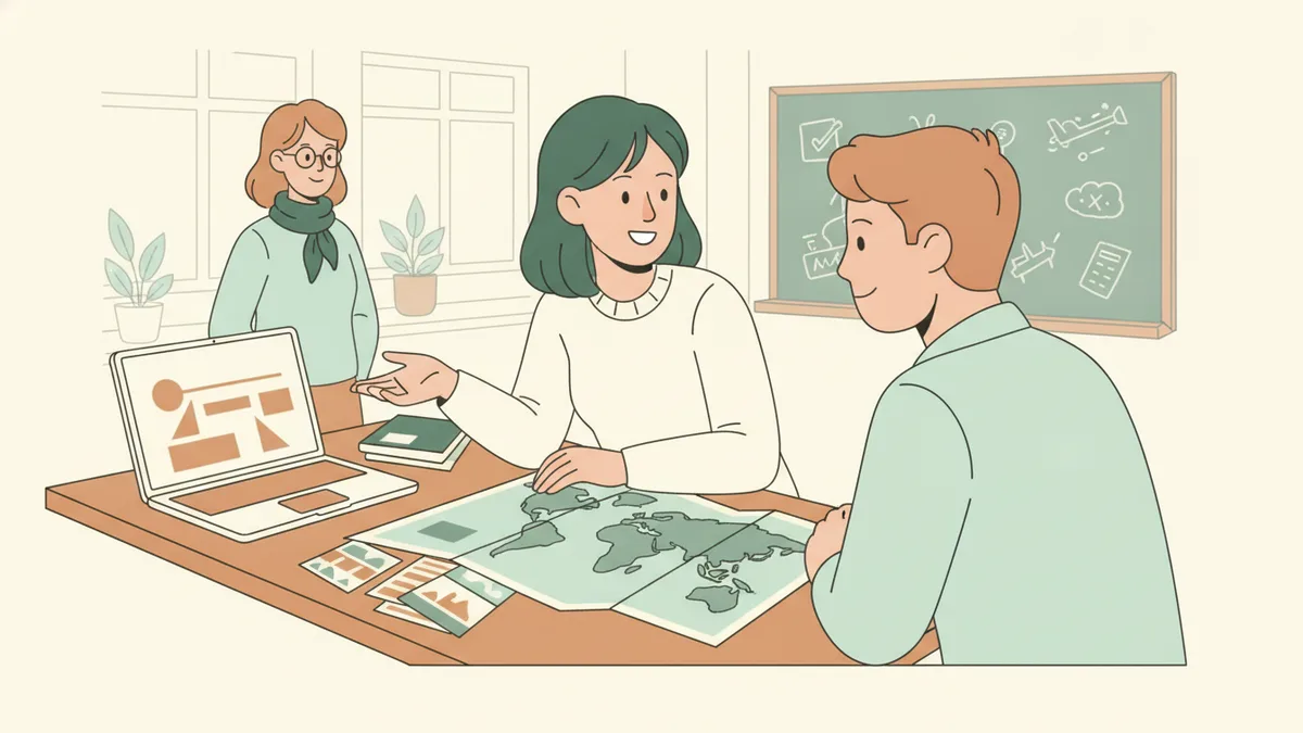 Illustration : à un comptoir d'agence de voyages en classe, une étudiante conseille un camarade qui joue le client ; entre eux, une carte du monde et des brochures ouvertes, un ordinateur affiche un planning de séjour.