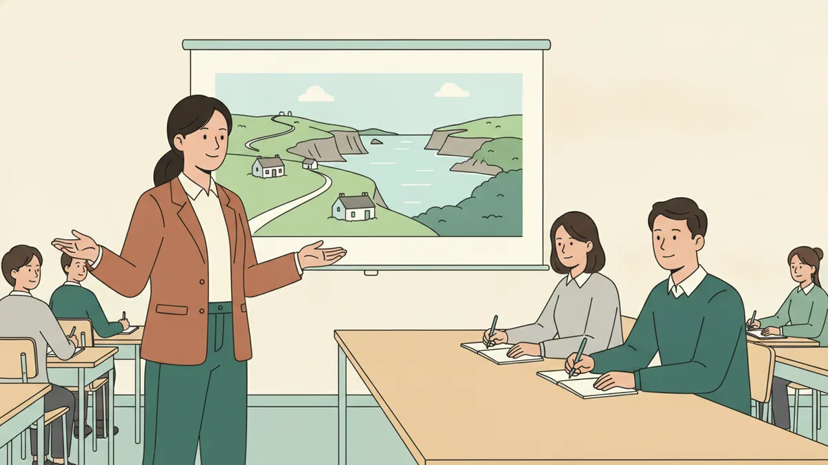 Illustration : une étudiante debout devant un écran qui montre des paysages verts et des falaises présente un voyage à trois professionnels assis derrière une table, qui prennent des notes ; d'autres étudiants l'écoutent au fond de la salle.
