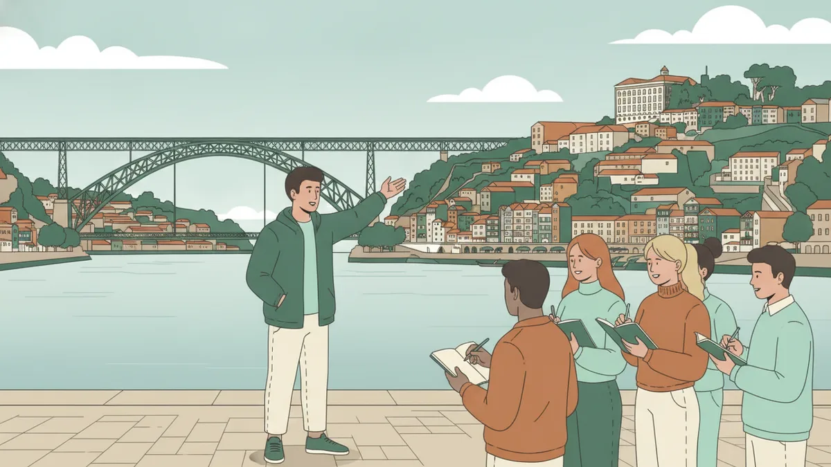 Illustration : sur un quai au bord d'un fleuve, devant des maisons colorées en pente et un grand pont métallique, un étudiant lève la main pour montrer la rive d'en face à un petit groupe de camarades qui l'écoutent, carnet en main.