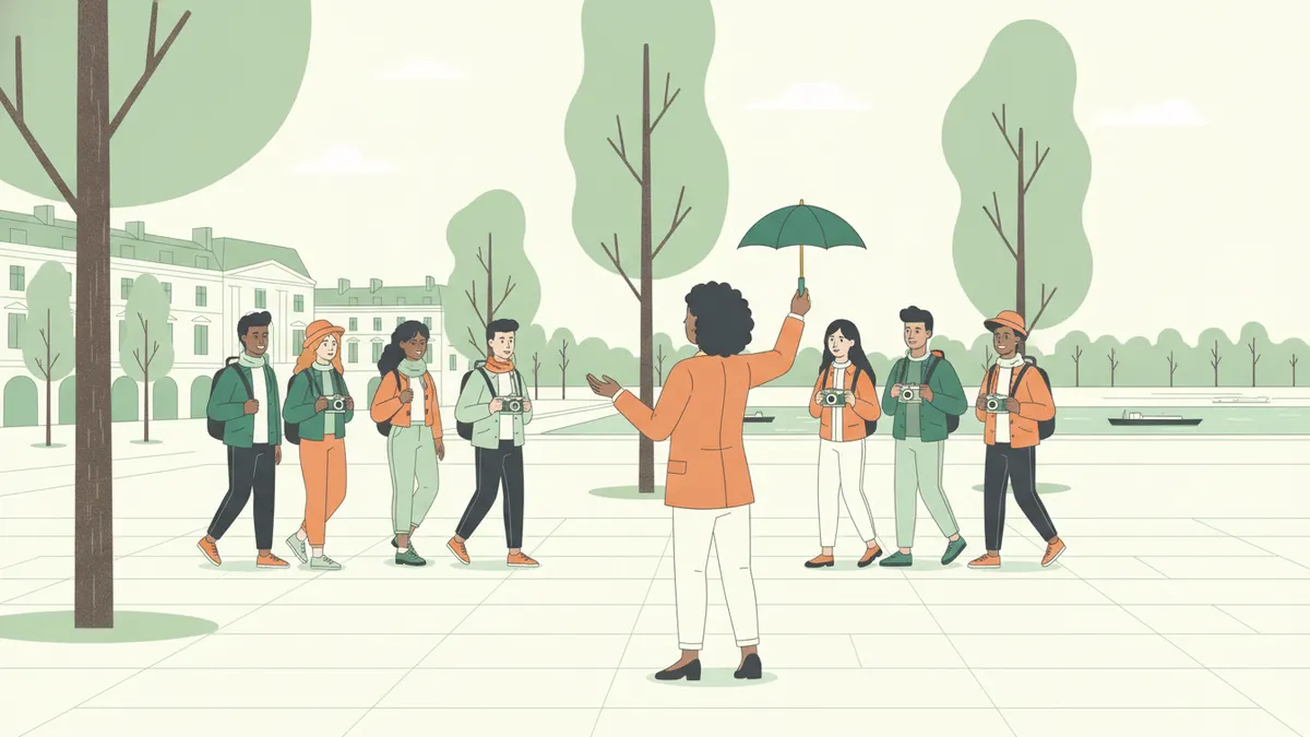 Illustration : sur une grande place parisienne bordée d'arbres, une étudiante accompagnatrice lève un parapluie fermé pour guider un groupe de touristes munis d'appareils photo et de sacs à dos.