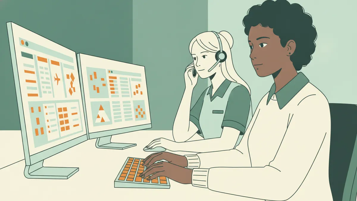 Illustration : gros plan sur deux étudiantes devant deux écrans qui affichent des grilles de vols et un plan de cabine ; l'une tape au clavier, l'autre parle à un client avec un casque-micro.