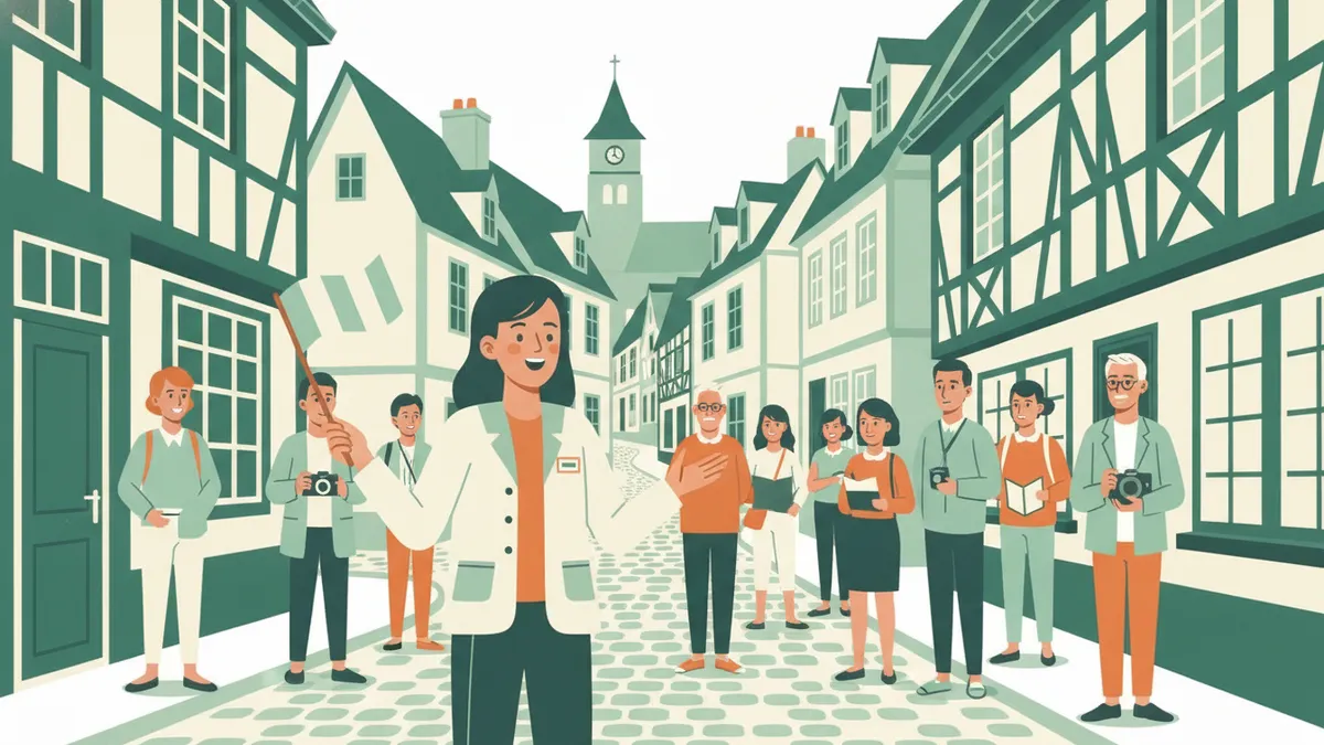 Illustration : une étudiante guide, un petit drapeau levé, conduit un groupe de touristes dans une rue pavée bordée de maisons à pans de bois ; elle parle avec les mains, les visiteurs écoutent et prennent des photos.