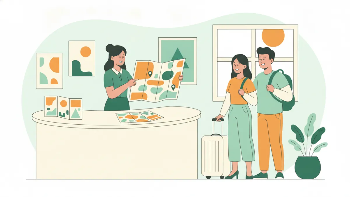 Illustration : au comptoir d'un office de tourisme lumineux, une jeune stagiaire déplie une carte colorée et des brochures devant un couple de touristes étrangers avec leurs valises.