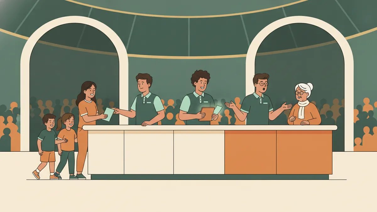 Illustration : à l'entrée d'une salle de sport un soir de match, trois étudiants en polo assortis tiennent un comptoir d'accueil ; l'une tend un programme à une famille, un autre scanne des billets sur une tablette, une troisième renseigne une spectatrice âgée en anglais.