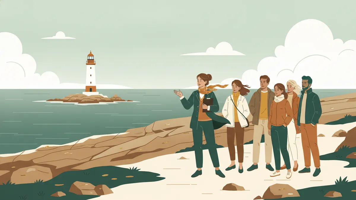 Illustration : sur un sentier côtier de granit en Bretagne sud, une étudiante en tourisme, une tablette à la main, présente le paysage à un petit groupe de visiteurs ; au loin, un phare sur un îlot et l'océan.