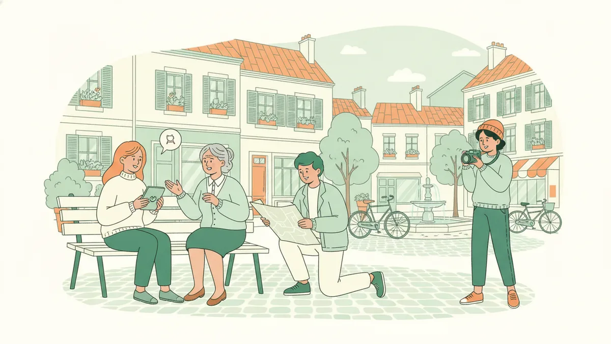 Illustration : sur une petite place de quartier avec arbres et vélos, une étudiante interroge une habitante assise sur un banc, un étudiant agenouillé annote un plan, une autre photographie la place.