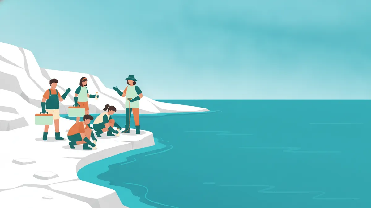 Illustration : sur des rochers blancs au bord d'une crique turquoise, quatre étudiants avec des gants remplissent des flacons d'eau de mer, l'un porte une glacière, une enseignante les observe.