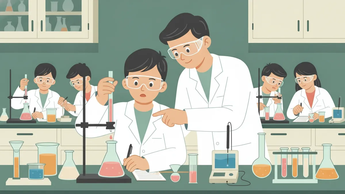 Illustration : à une paillasse de TP, un étudiant en blouse et lunettes fait un dosage à la burette et note le volume, un enseignant penché vers lui le conseille, d'autres binômes travaillent derrière.