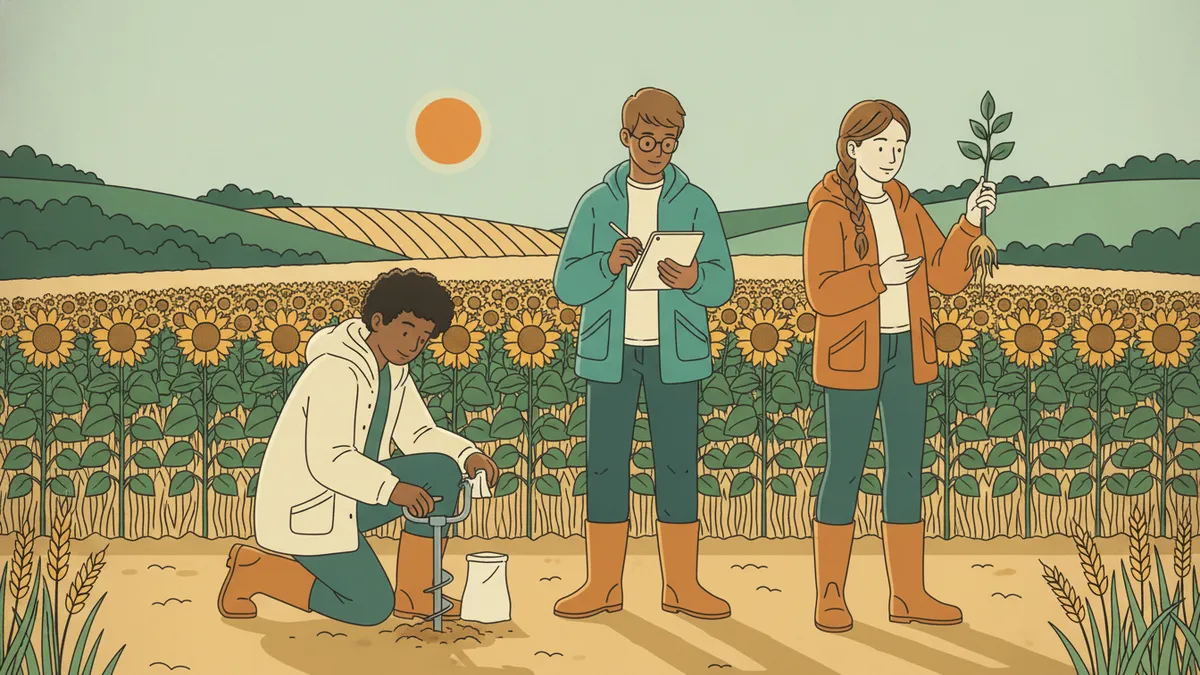 Illustration : trois étudiants en bottes dans un champ de jeunes tournesols et de blé, sur des collines ; l'un, à genoux, prélève une carotte de sol à la tarière, une autre note sur une tablette, un troisième examine les racines d'une plante.