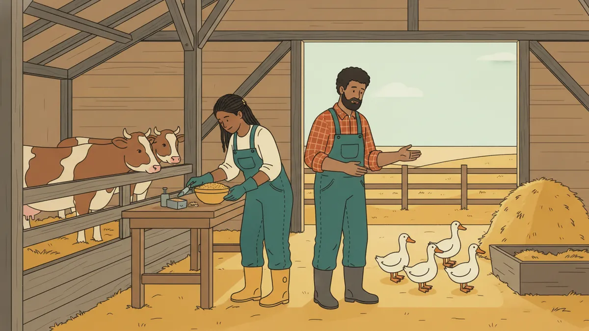 Illustration : dans une étable, une étudiante en salopette vérifie un échantillon d'aliment pour le bétail pendant qu'un éleveur lui explique son travail ; des vaches et des canards à côté.