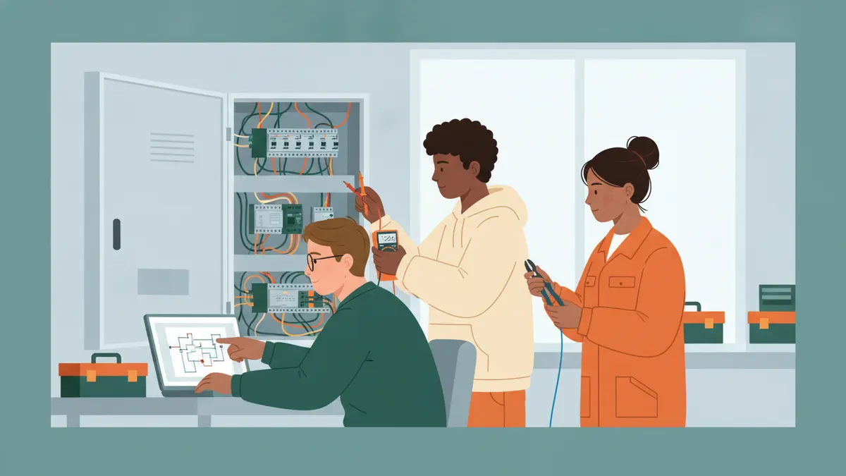 Illustration : trois étudiants dans un laboratoire d'électrotechnique. Devant une armoire électrique ouverte, pleine de câbles colorés, de contacteurs et d'un automate, l'un vérifie une borne au multimètre, un autre tient deux sondes, le troisième suit le schéma de câblage sur un ordinateur portable.