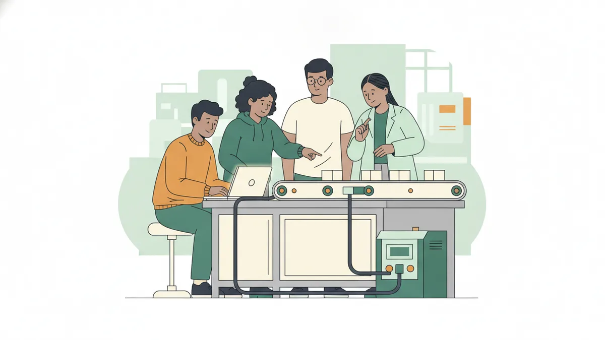 Illustration : quatre étudiants autour d'un banc d'automatisme avec un petit tapis roulant, des capteurs et une armoire de commande ; l'un programme sur un ordinateur portable relié au banc, les autres regardent les boîtes avancer.