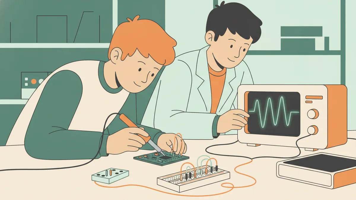 Illustration : deux étudiants dans un laboratoire d'électronique, l'un soude une petite carte verte au fer à souder, l'autre règle un oscilloscope qui affiche une onde.