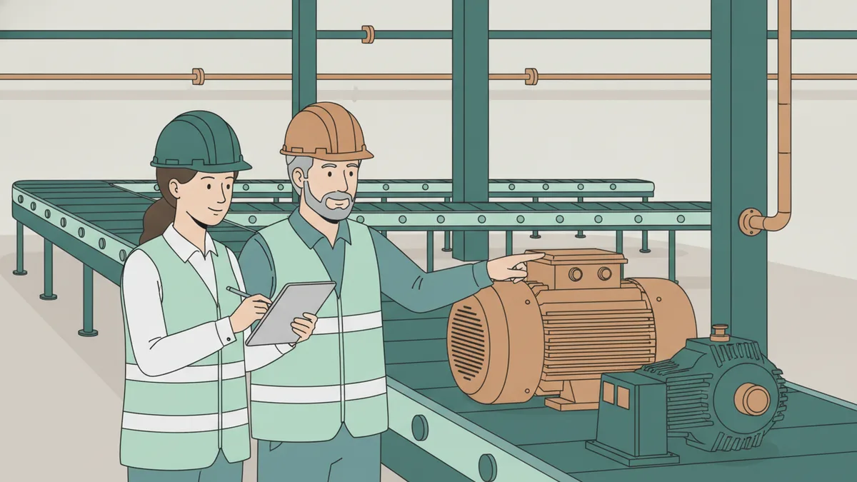 Illustration : dans un grand atelier d'usine, une apprentie en casque et gilet de travail note des relevés sur une tablette à côté d'un technicien plus âgé qui lui montre un moteur sur une ligne de production.