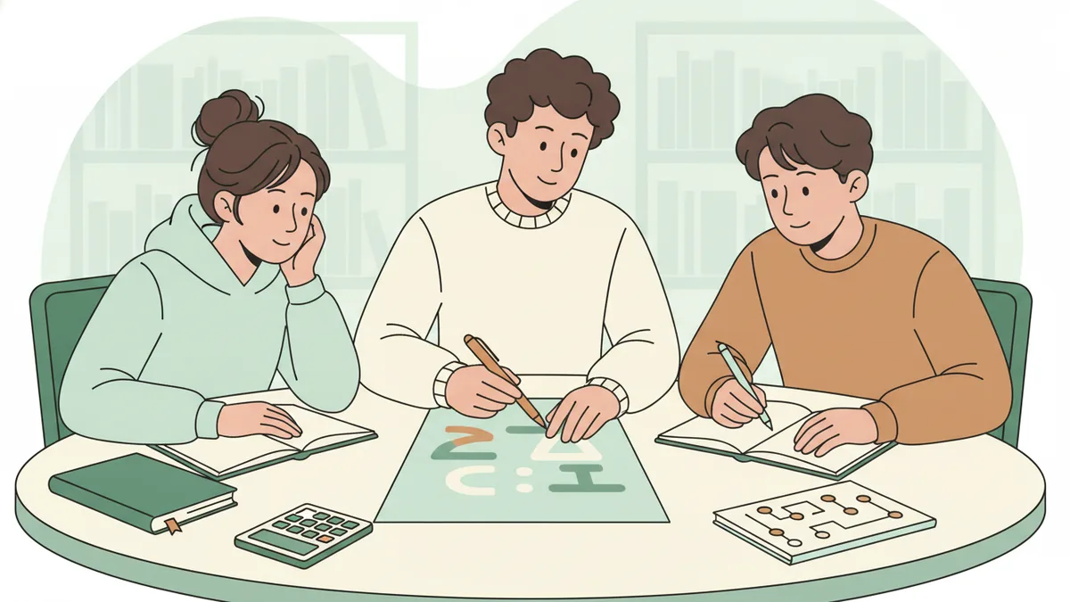 Illustration : en bibliothèque, un étudiant de deuxième année explique un exercice de maths à deux étudiants de première année penchés sur leurs cahiers, avec une calculatrice et un schéma électrique sur la table.