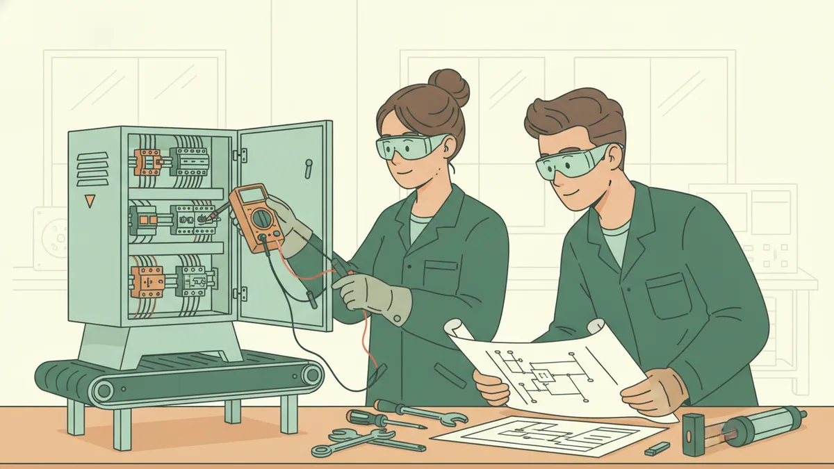 Illustration : deux étudiants en blouse de travail devant une petite machine de production ouverte ; l'une mesure une tension au multimètre sur une armoire électrique, l'autre lit un schéma posé sur l'établi.