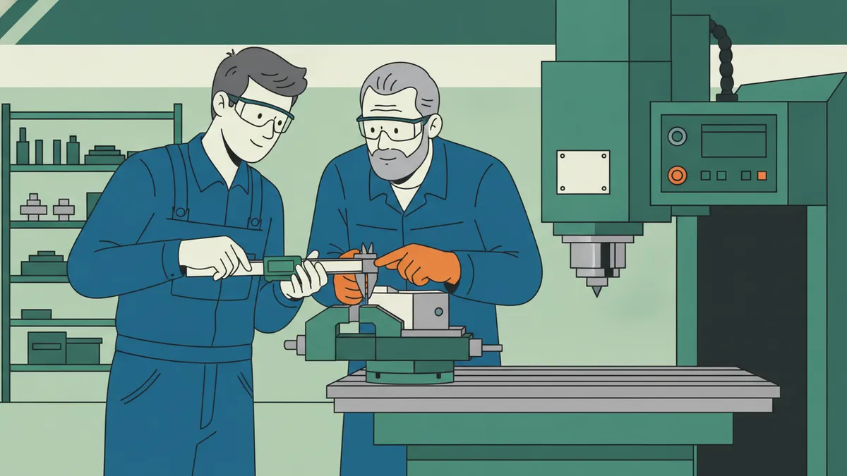 Illustration : dans un atelier, un jeune apprenti en bleu de travail et lunettes de protection vérifie au pied à coulisse une pièce en aluminium qui sort d'une fraiseuse à commande numérique ; à côté, son tuteur plus âgé lui montre un détail de la pièce.