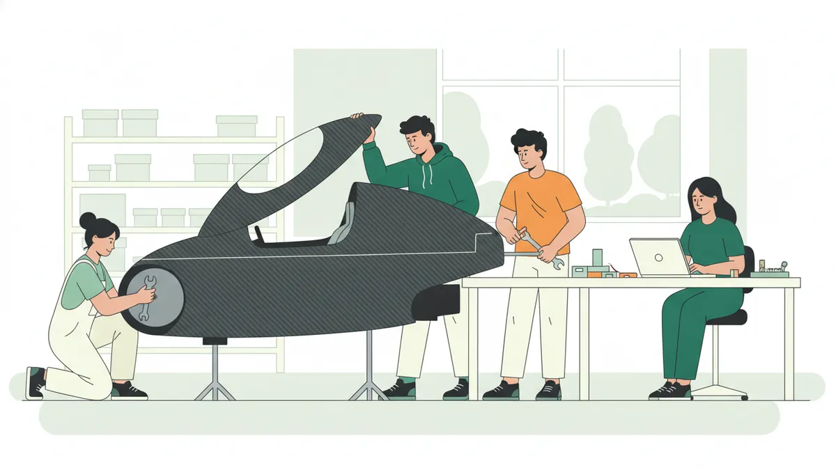 Illustration : dans un atelier universitaire, quatre étudiants travaillent sur un tout petit prototype de voiture très bas et profilé, à coque en carbone, posé sur un support : l'une règle une roue, un autre soulève la coque, un troisième serre un boulon, la dernière suit des données sur un ordinateur portable.