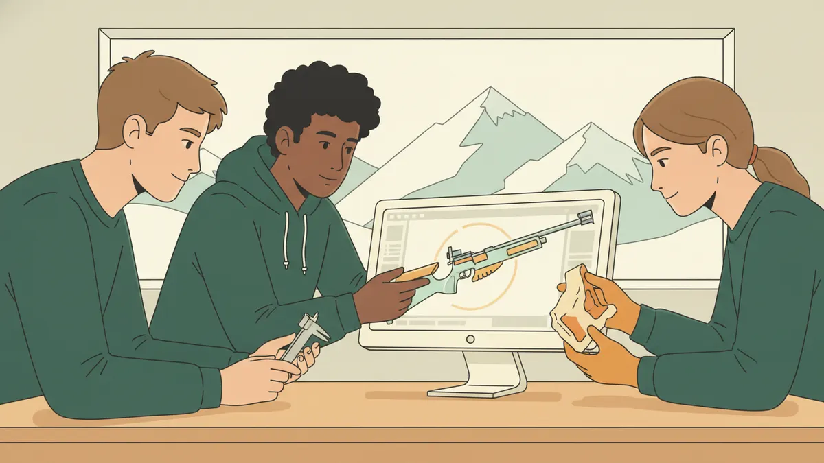Illustration : trois étudiants autour d'un bureau ; l'un manipule à l'écran le modèle 3D d'une crosse de carabine de biathlon, un autre tient le prototype imprimé en 3D, la troisième le mesure au pied à coulisse ; des montagnes enneigées par la fenêtre.