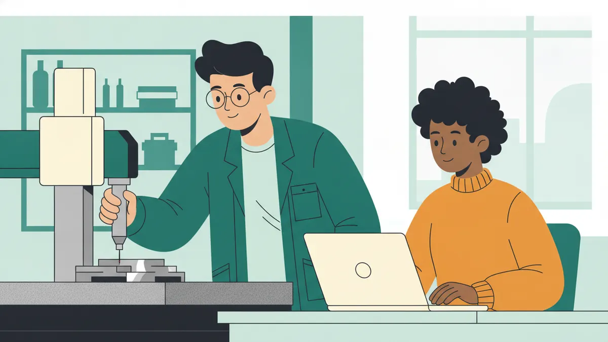 Illustration : un étudiant à lunettes manipule une machine de mesure tridimensionnelle dont le palpeur touche une pièce métallique posée sur un marbre ; à côté, une étudiante note les valeurs sur un ordinateur portable.