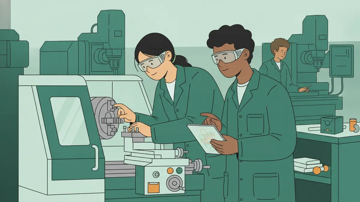 Illustration : dans un atelier de fabrication, deux étudiants en blouse et lunettes de protection travaillent sur un tour à commande numérique ; l'un règle une pièce dans le mandrin, l'autre consulte une tablette.