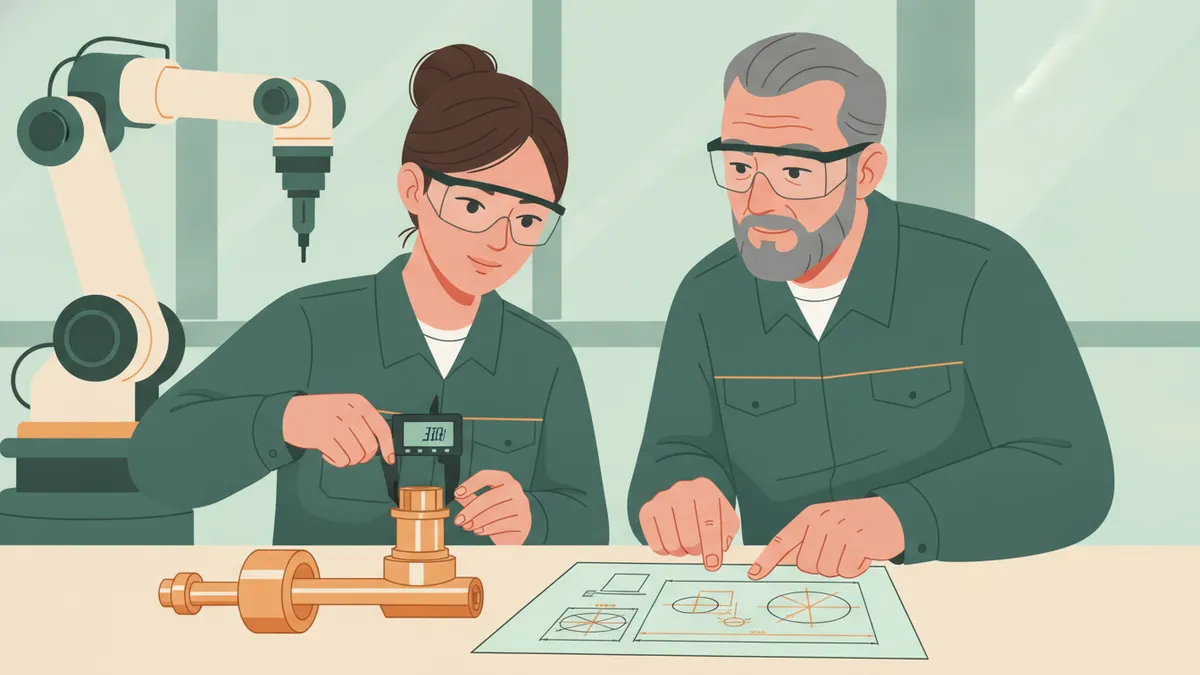 Illustration : dans une usine, une jeune apprentie en lunettes de protection mesure une pièce usinée avec un pied à coulisse numérique, à côté de son tuteur qui lui montre un plan technique ; un bras robotisé industriel en arrière-plan.