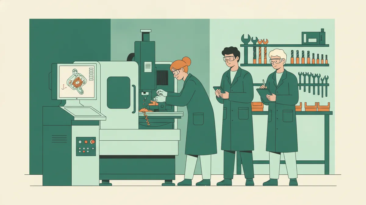 Illustration : dans un atelier de mécanique, une étudiante en blouse règle une pièce dans l'étau d'une fraiseuse à commande numérique ; à côté, un étudiant suit le modèle 3D de la pièce sur l'écran de la machine et un troisième prend des notes devant un mur d'outils.
