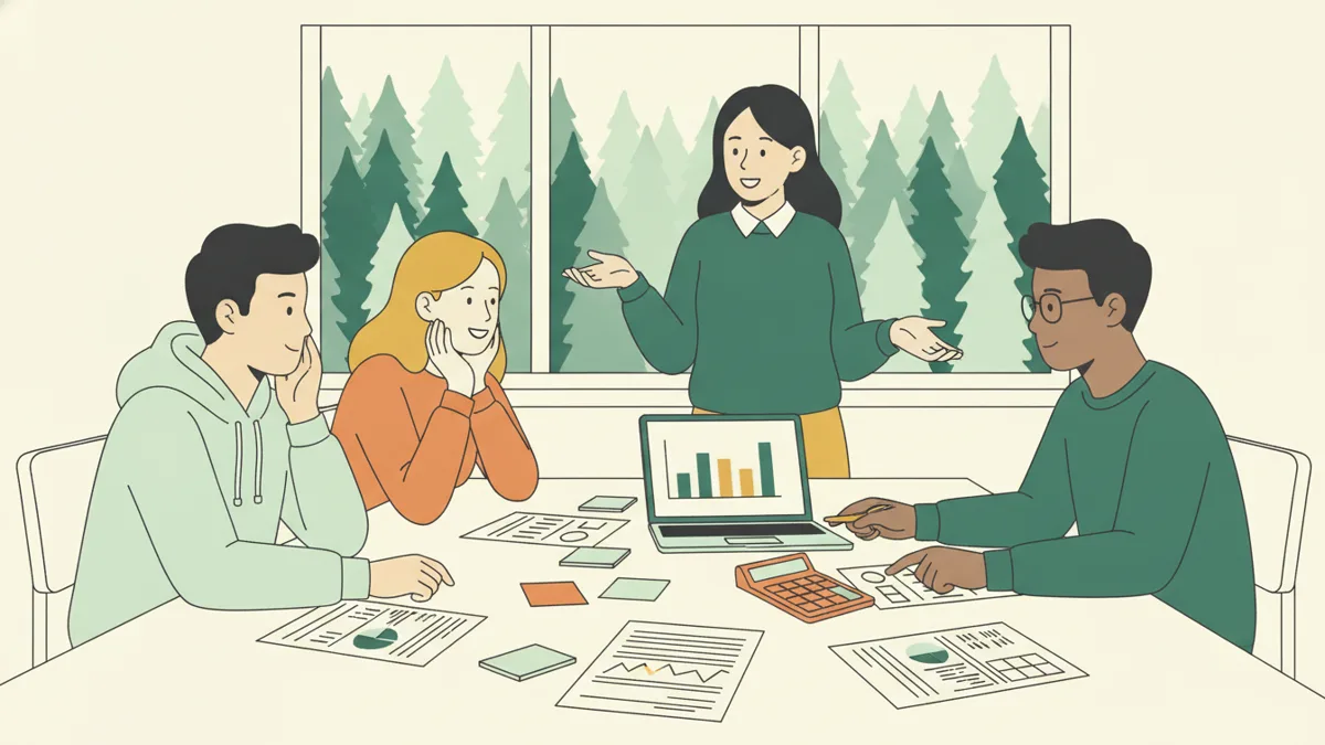 Illustration : quatre étudiants autour d'une table de classe travaillent sur une étude de cas, entre post-it, ordinateur portable affichant un graphique en barres, calculatrice et états financiers imprimés ; l'une explique, les autres écoutent ; une forêt de sapins se dessine derrière la fenêtre.