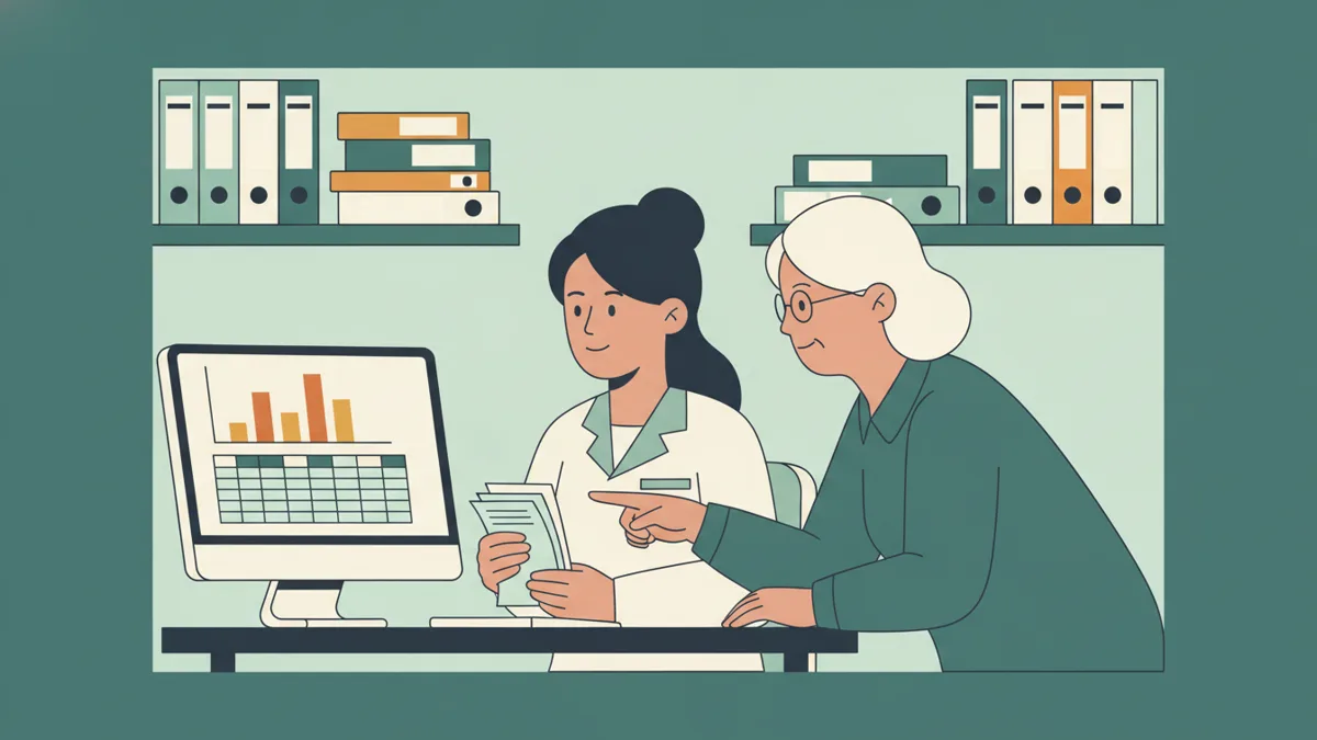Illustration : dans un petit bureau de comptabilité, une jeune apprentie compare des reçus papier avec un graphique en barres et un tableau affichés sur son écran, pendant qu'une collègue plus âgée, sa tutrice, se penche et montre un chiffre du doigt ; des classeurs sont rangés sur les étagères derrière.