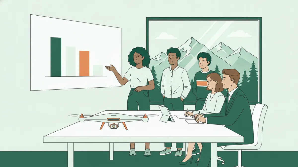 Illustration : une équipe de quatre étudiants présente son projet d'entreprise à un petit jury de deux adultes ; une étudiante montre un graphique à l'écran, un prototype de drone est posé sur la table, des montagnes se dessinent derrière la grande fenêtre.