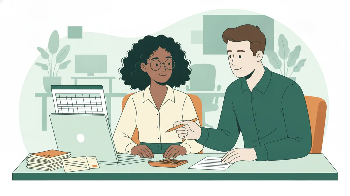 Illustration : une étudiante en stage dans un cabinet comptable trie des factures à côté d'un ordinateur portable affichant un tableur ; son tuteur, assis à côté, lui explique un point avec un stylo.