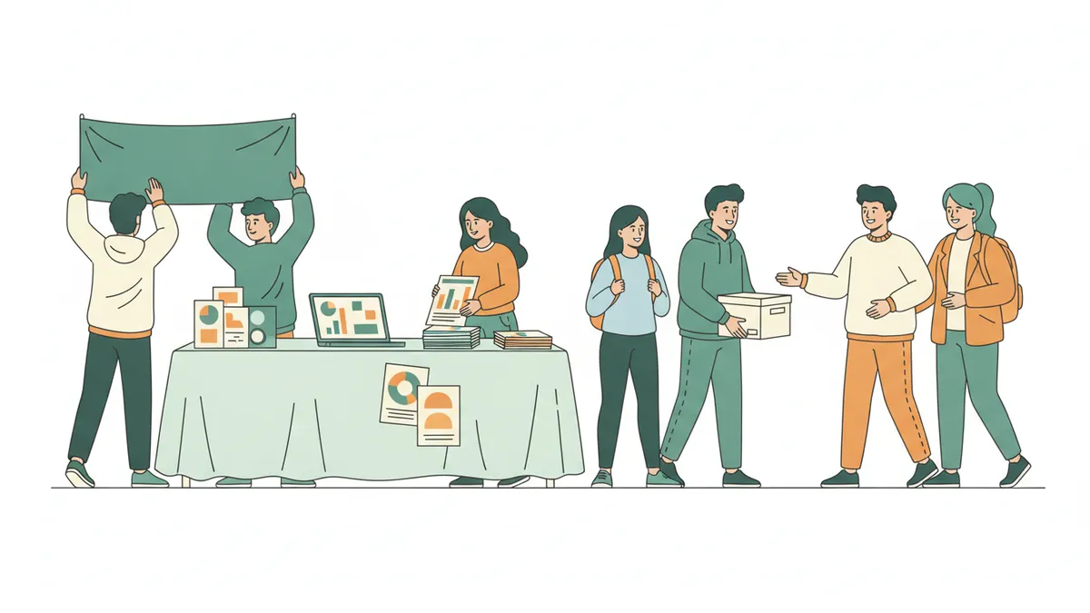 Illustration : six étudiants installent un stand de journée portes ouvertes ; deux tendent une banderole verte, une autre dispose des dépliants et un ordinateur sur la table, un étudiant porte un carton, un autre accueille une lycéenne et sa mère.