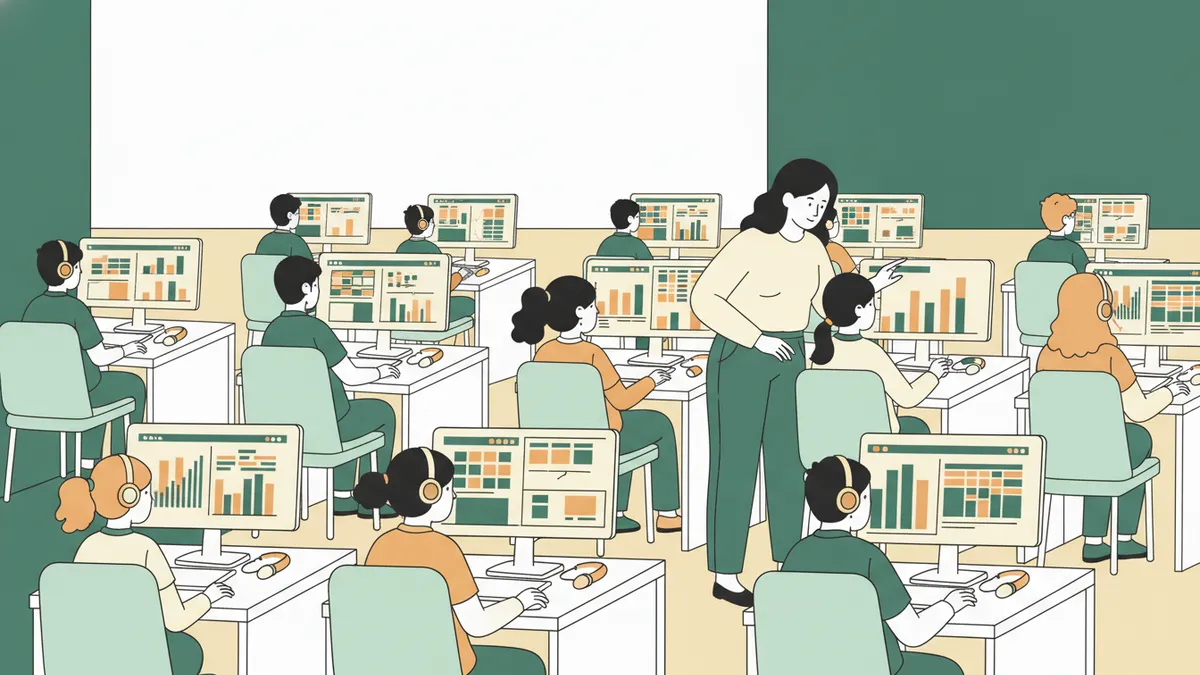 Illustration : une salle informatique où une quinzaine d'étudiants, certains avec un casque, travaillent sur des tableurs aux cellules colorées et des graphiques en barres ; une enseignante se penche vers deux étudiants pour leur expliquer quelque chose à l'écran.