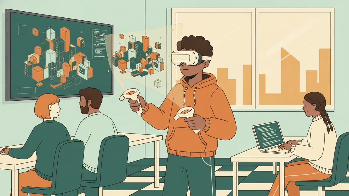 Illustration : un étudiant porte un casque de réalité virtuelle et des manettes pour tester une scène 3D, pendant que deux camarades regardent la même scène sur un grand écran et qu'une étudiante code sur son ordinateur portable.
