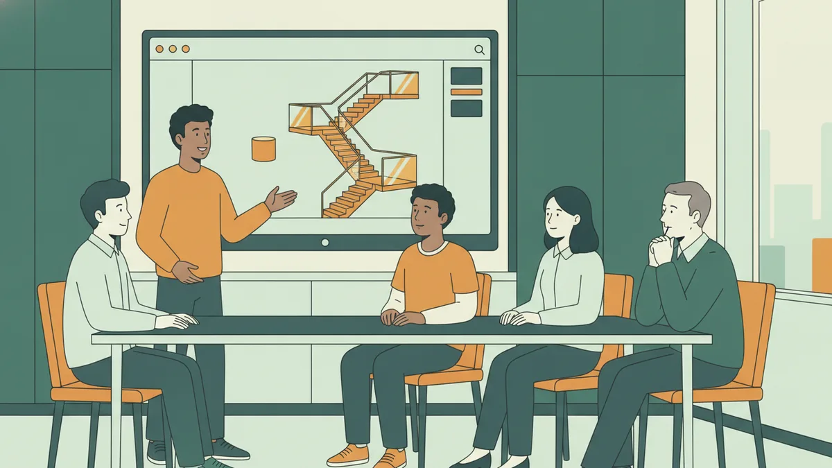 Illustration : quatre étudiants présentent à un chef d'entreprise, dans une salle de réunion, la maquette 3D d'un escalier en bois affichée sur un grand écran ; l'un d'eux explique en faisant un geste, le client écoute.