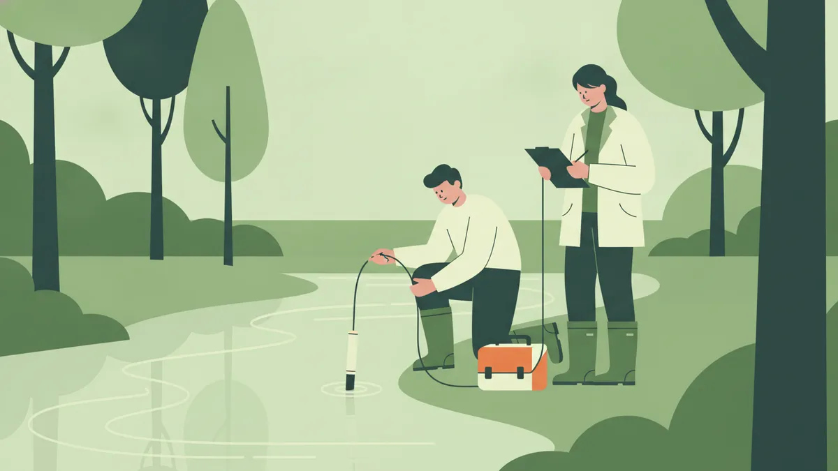 Illustration : au bord d'une rivière calme, deux étudiants en bottes mesurent la qualité de l'eau ; l'un plonge une sonde reliée à un câble, l'autre note les valeurs sur un porte-bloc à côté d'une mallette de mesure.