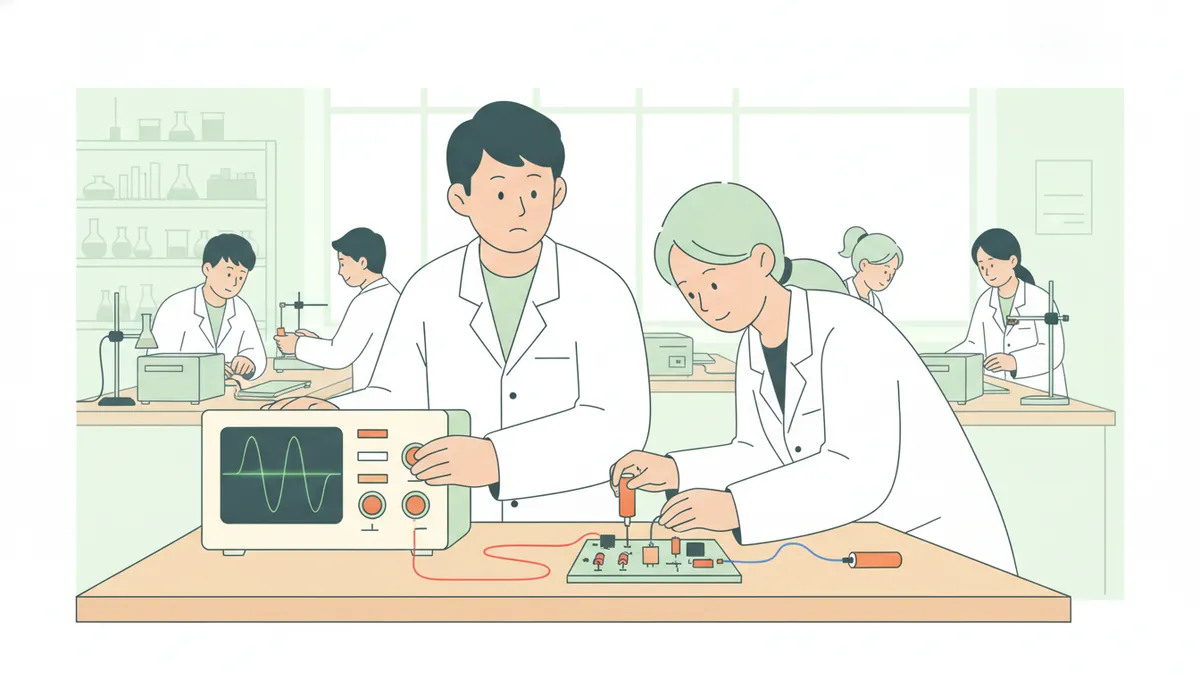 Illustration : dans une salle de TP de physique lumineuse, deux étudiants en blouse blanche travaillent à la même paillasse ; l'un règle un oscilloscope qui affiche une sinusoïde verte, l'autre branche un petit capteur de température sur une carte électronique. Derrière, d'autres petits groupes travaillent.