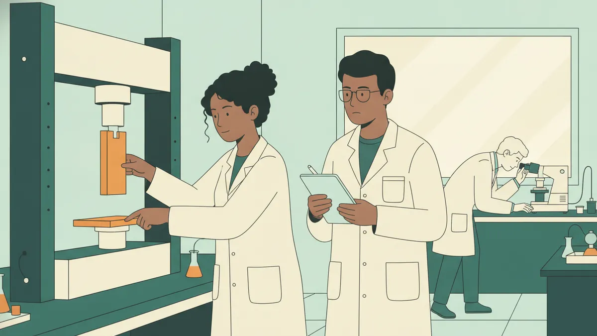 Illustration : dans un laboratoire d'essais, une étudiante en blouse place une éprouvette métallique dans une machine de traction pendant qu'un camarade note les valeurs sur une tablette ; au fond, un troisième étudiant se penche sur un appareil d'analyse.