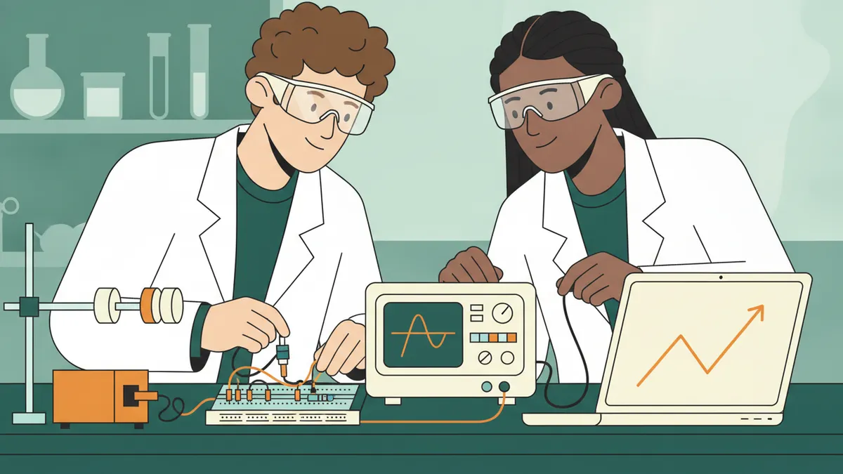 Illustration : gros plan sur deux étudiants en blouse et lunettes de protection qui branchent un capteur sur une plaque d'essai reliée à un oscilloscope ; un ordinateur portable affiche une courbe.