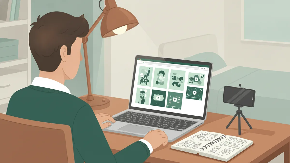 Illustration : un lycéen, chez lui à son bureau le soir, assemble sur son ordinateur portable une page de portfolio avec des miniatures de ses affiches et de ses vidéos ; à côté, un carnet de croquis ouvert et un téléphone sur un petit trépied.