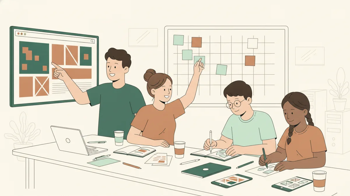 Illustration : quatre étudiants autour d'une table de travail ; l'un montre une maquette de site sur un grand écran, une autre colle des post-it sur un tableau, deux autres annotent des croquis d'écrans de téléphone.