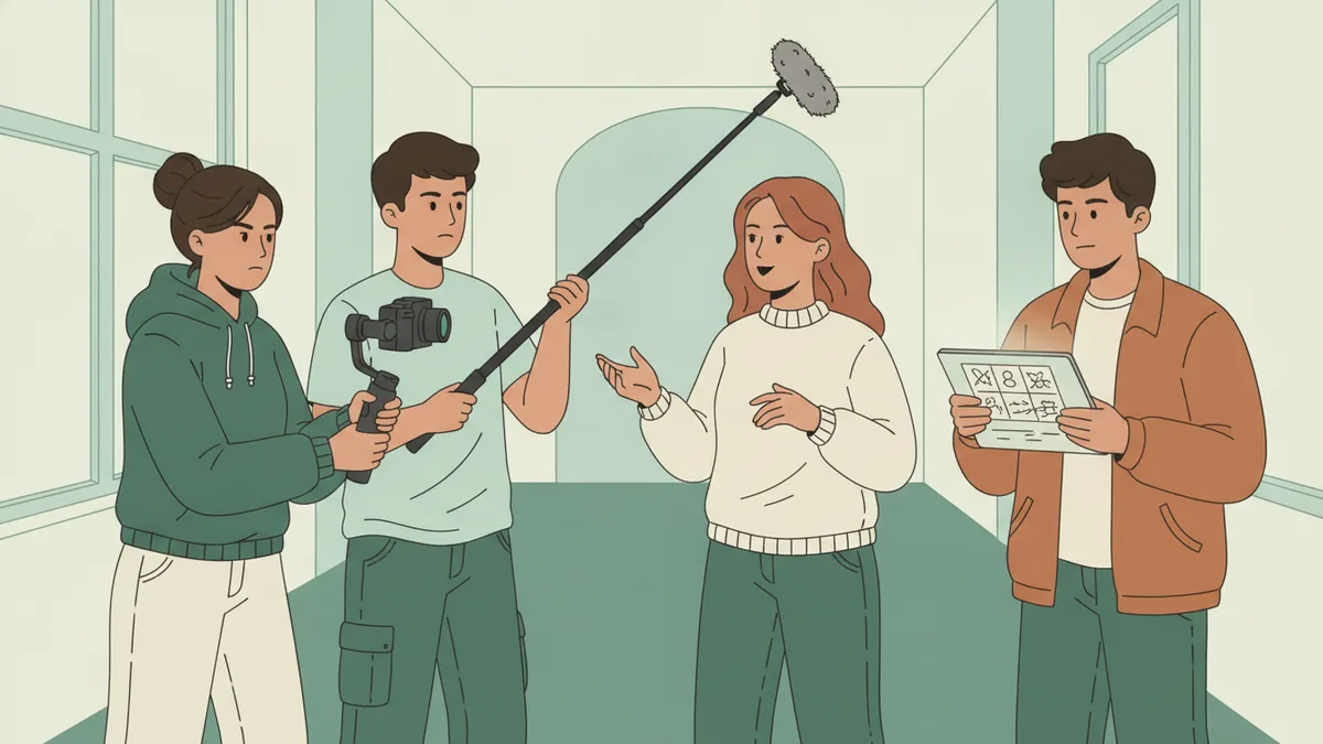 Illustration : trois étudiants tournent une courte vidéo dans un couloir de l'IUT ; une étudiante tient la caméra sur un petit stabilisateur, un étudiant tient une perche avec un micro, une troisième relit le plan de tournage sur une tablette.