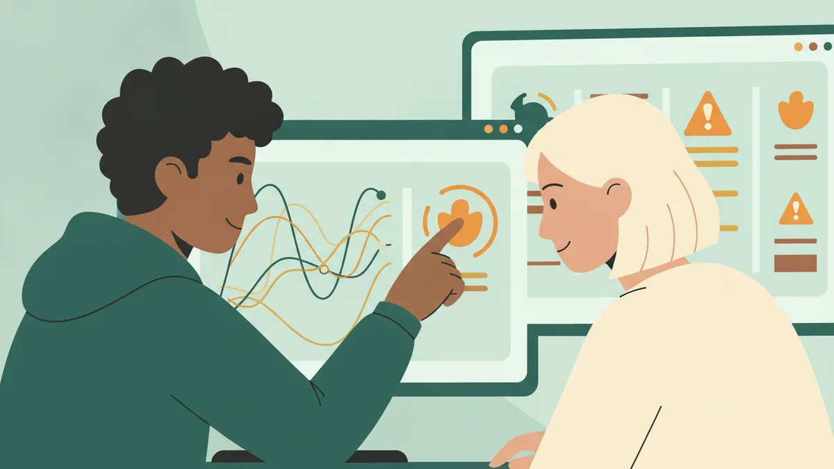 Illustration : gros plan sur deux étudiants devant un écran qui affiche des courbes de trafic réseau et des icônes d'alerte ; l'un pointe du doigt une intrusion détectée.