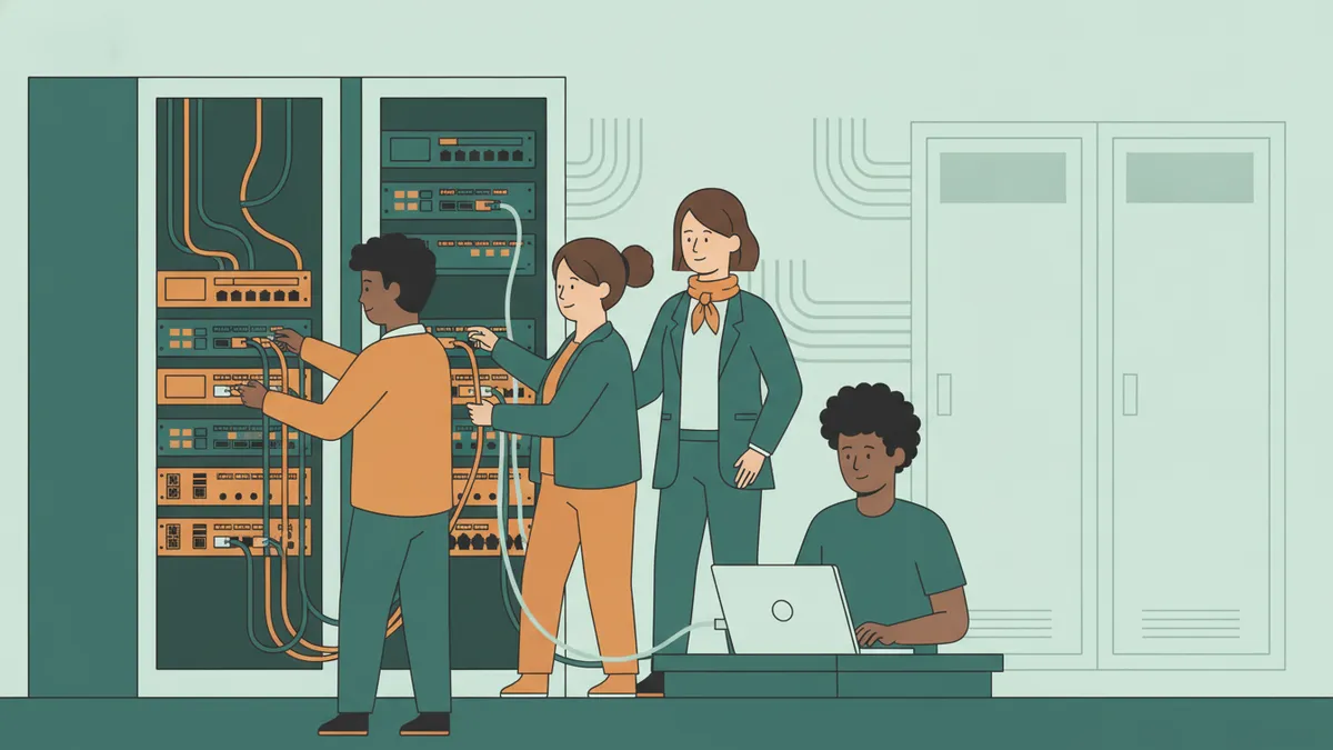 Illustration : dans une salle de TP, des étudiants branchent des câbles réseau sur des commutateurs et des routeurs montés en baie ; l'un tape des commandes sur un portable relié par un câble console, une enseignante observe.