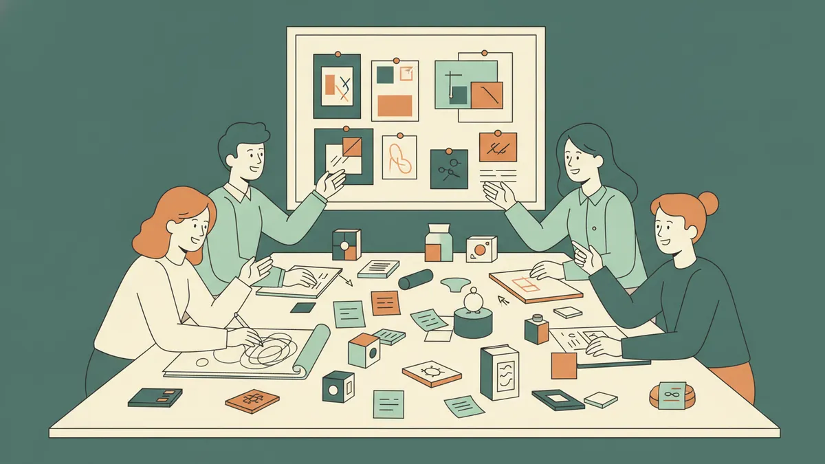 Illustration : quatre étudiants autour d'une table couverte de prototypes de produits, de post-it et d'un tableau d'inspiration ; l'une esquisse une idée de logo, les autres discutent.