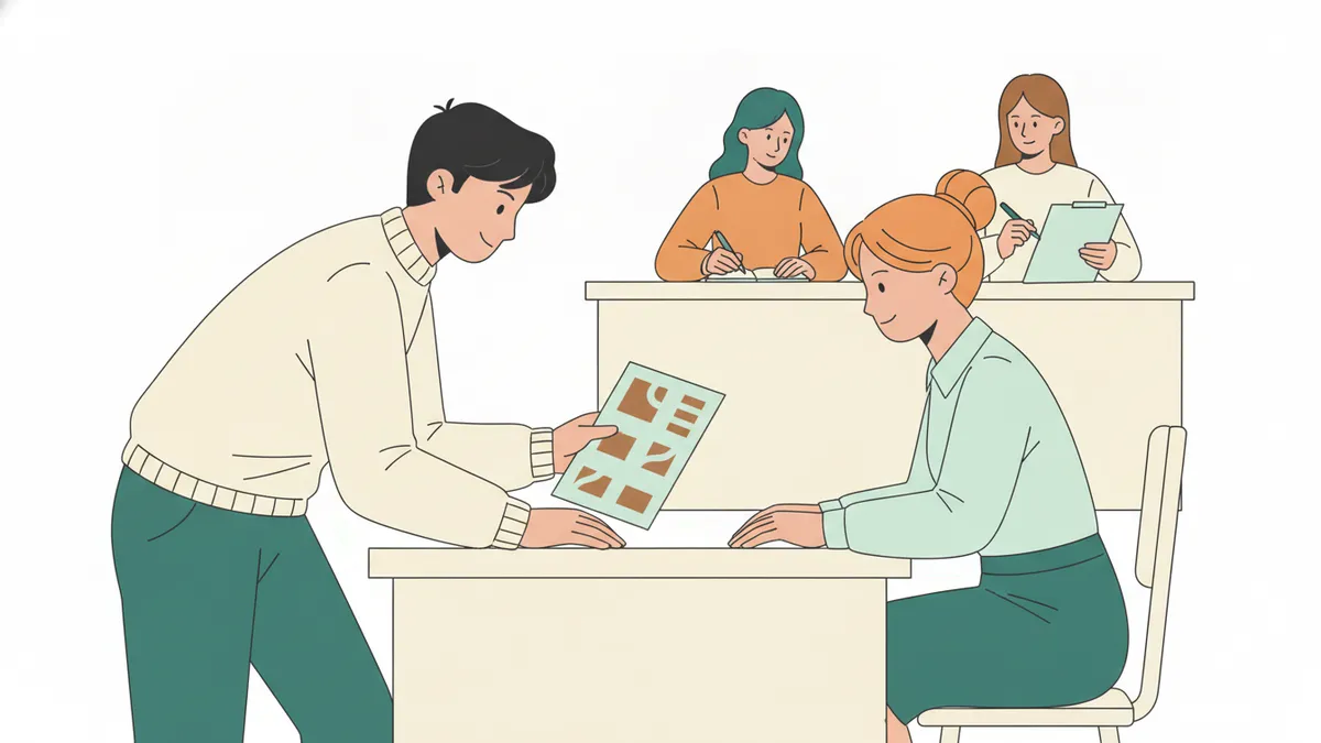 Illustration : jeu de rôle de négociation entre deux étudiants, de part et d'autre d'un bureau ; l'un présente une fiche produit, pendant que deux membres du jury prennent des notes au fond.